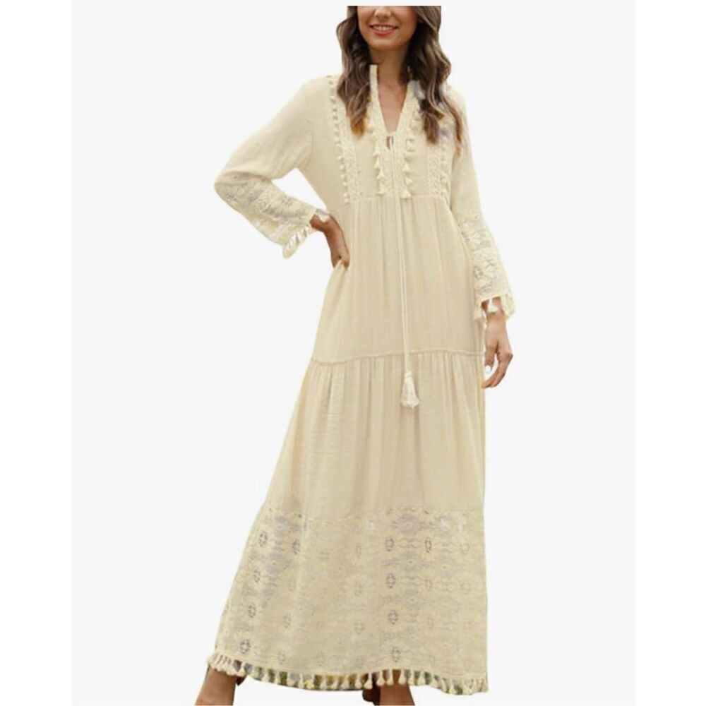Women's Boho Sexy Deep V Neck Tassel Lace Embroidery Maxi Dress Summer Beach Vac